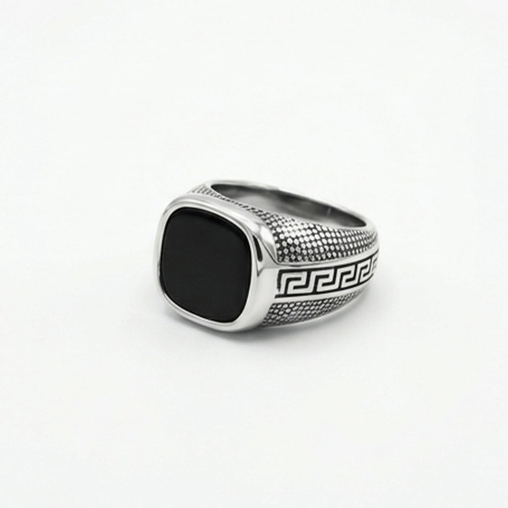 Black Onyx Ring with Greek Key Design