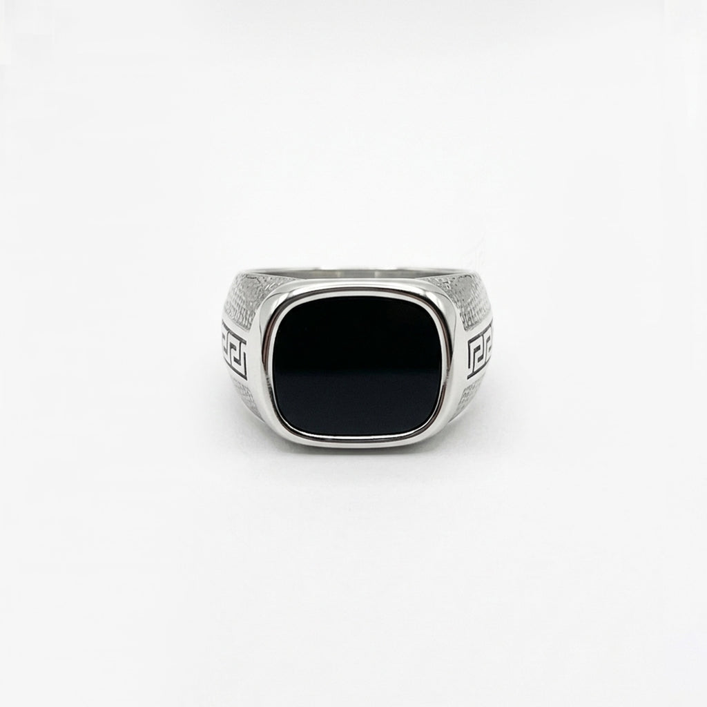 Black Onyx Ring with Greek Key Design